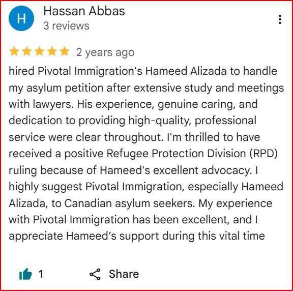 Google review from Hassan A. for Pivotal Immigration