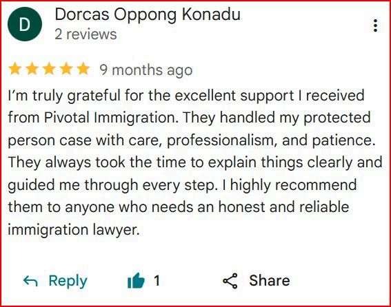 Google review from Dorcas O. for Pivotal Immigration