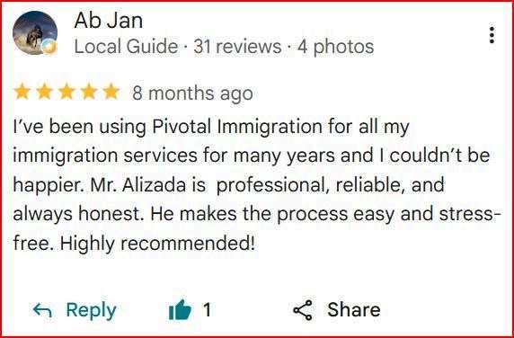 Google review from Ab J. for Pivotal Immigration
