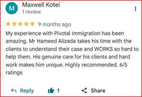 Google review from Maxwell K. for Pivotal Immigration