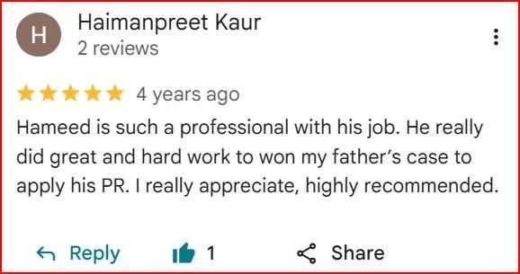 Google review from Haimanpreet K. for Pivotal Immigration