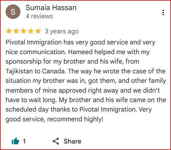 Google review from Sumaia H. for Pivotal Immigration