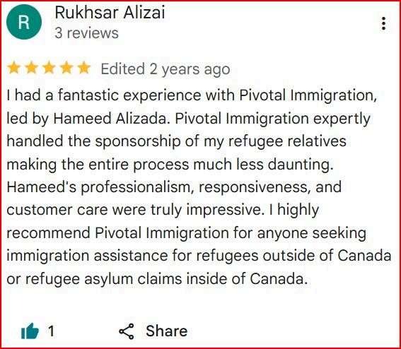 Google review from Rukhsar A. for Pivotal Immigration