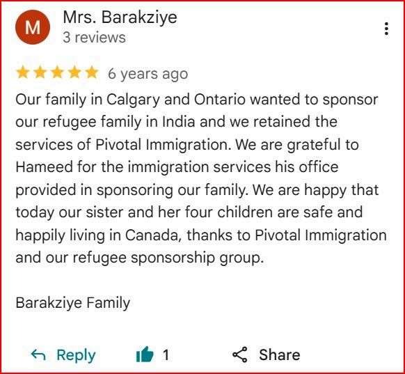 Google review from Mrs. Barakziye for Pivotal Immigration