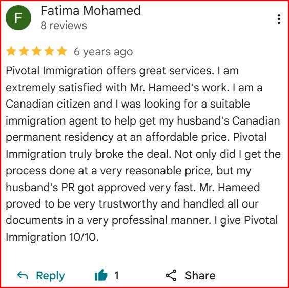 Google review from Fatima M. for Pivotal Immigration
