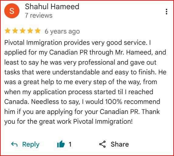Google review from Shahul H. for Pivotal Immigration