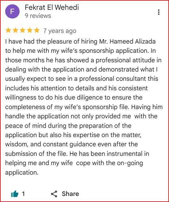 Google review from Fekrat E. for Pivotal Immigration