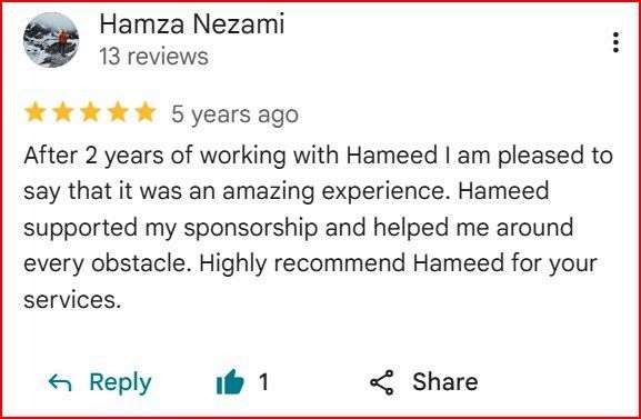 Google review from Hamza N. for Pivotal Immigration