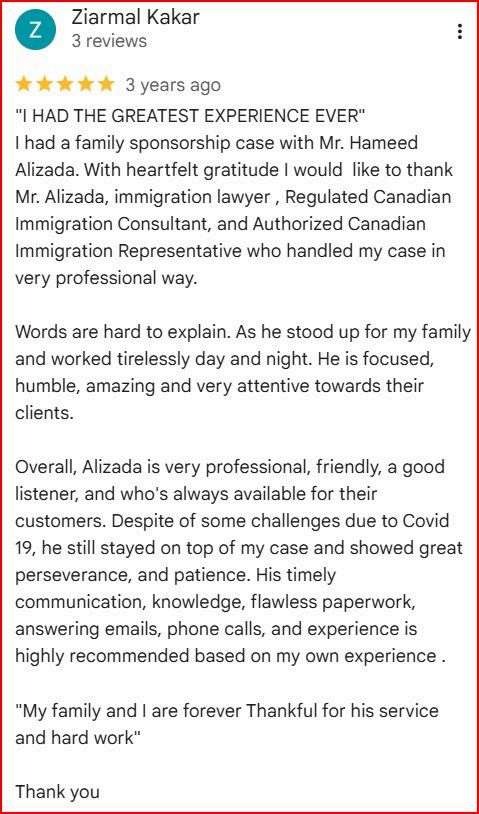 Google review from Ziarmal K. for Pivotal Immigration