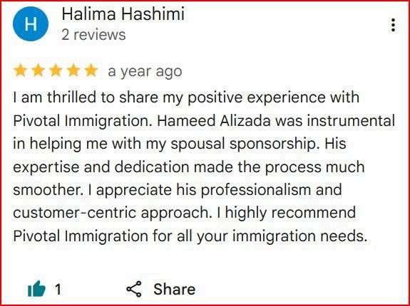 Google review from Halima H. for Pivotal Immigration